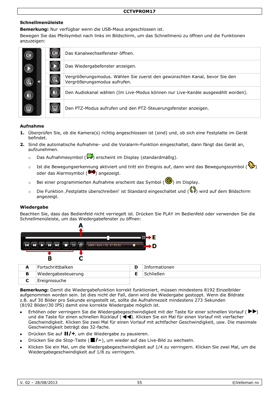 Schnellmenüleiste, Aufnahme, Wiedergabe | Velleman CCTVPROM17 User Manual | Page 55 / 87