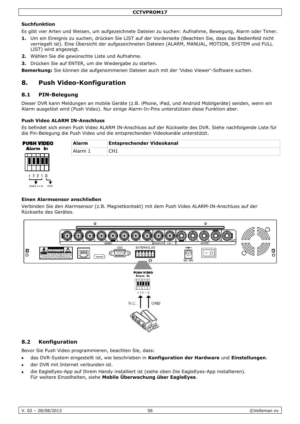 Suchfunktion, Push video-konfiguration, 1 pin-belegung | Push video alarm in-anschluss, Einen alarmsensor anschließen, 2 konfiguration | Velleman CCTVPROM17 User Manual | Page 56 / 87