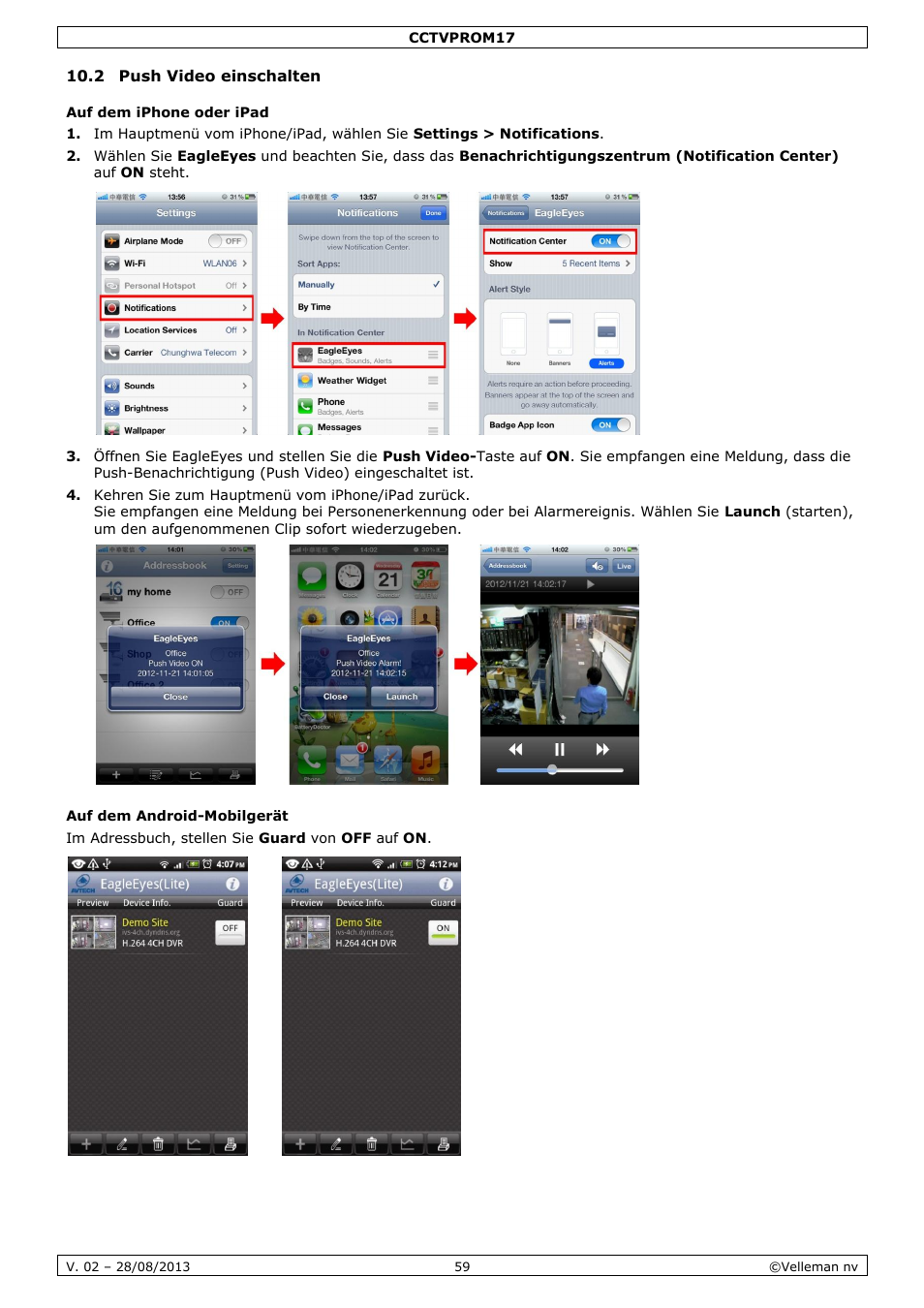 2 push video einschalten, Auf dem iphone oder ipad, Auf dem android-mobilgerät | Velleman CCTVPROM17 User Manual | Page 59 / 87