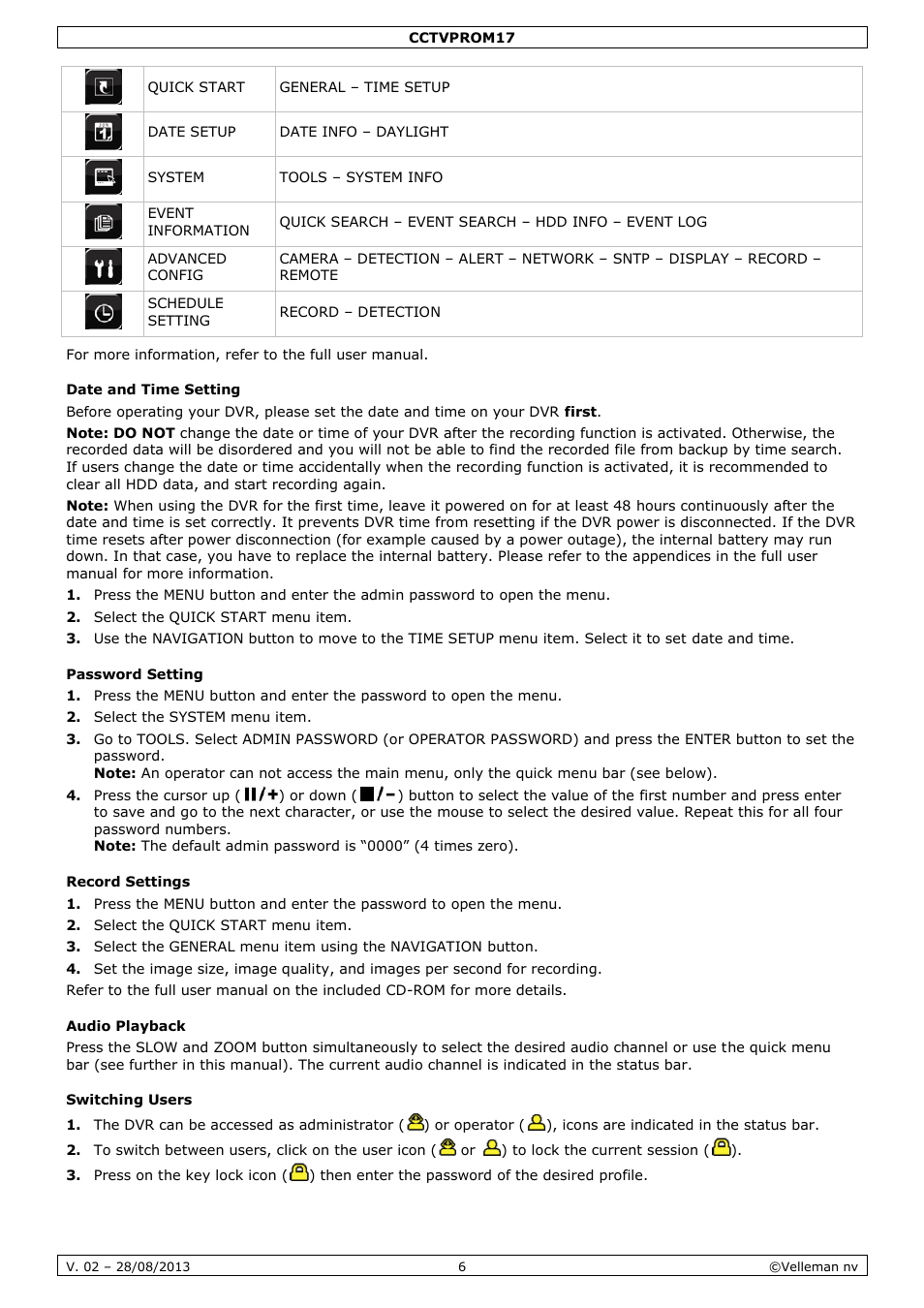 Date and time setting, Password setting, Record settings | Audio playback, Switching users | Velleman CCTVPROM17 User Manual | Page 6 / 87