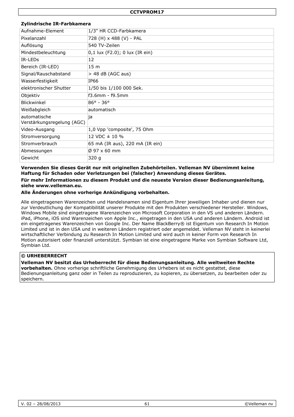 Zylindrische ir-farbkamera | Velleman CCTVPROM17 User Manual | Page 61 / 87