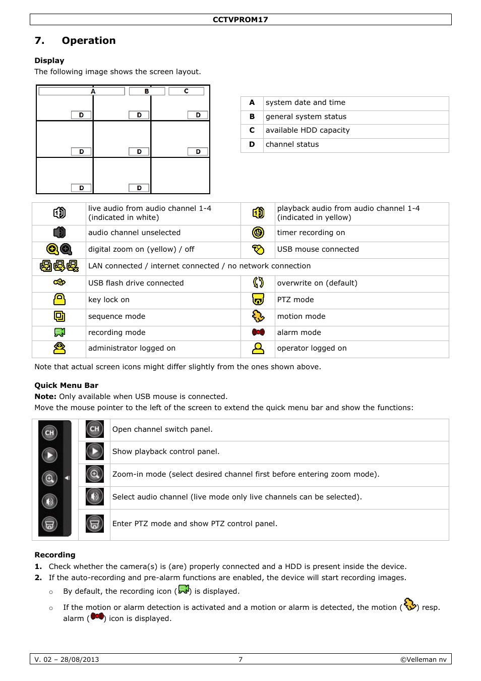 Operation, Display, Quick menu bar | Recording | Velleman CCTVPROM17 User Manual | Page 7 / 87