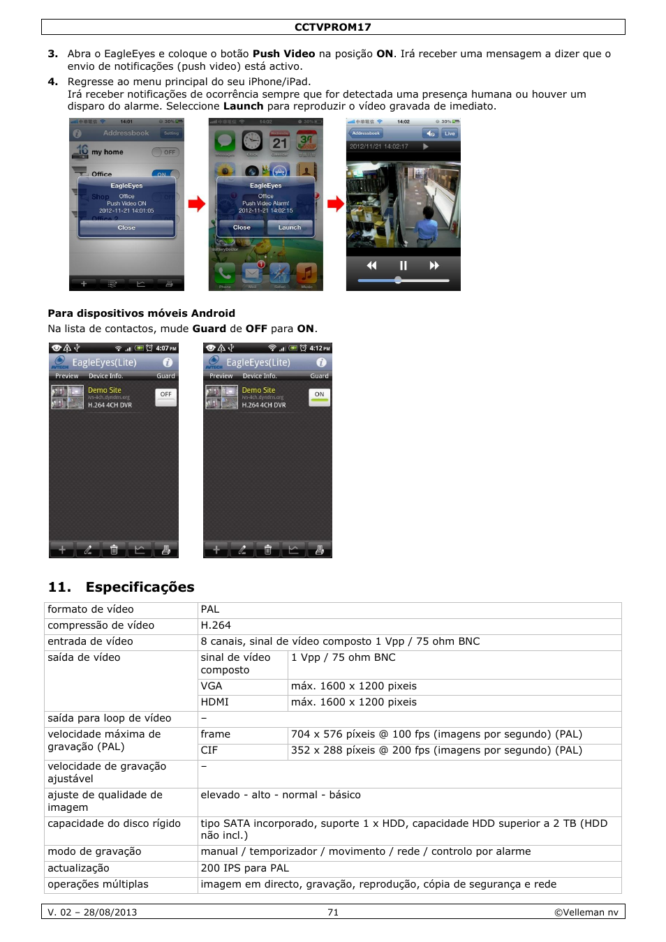 Para dispositivos móveis android, Especificações | Velleman CCTVPROM17 User Manual | Page 71 / 87