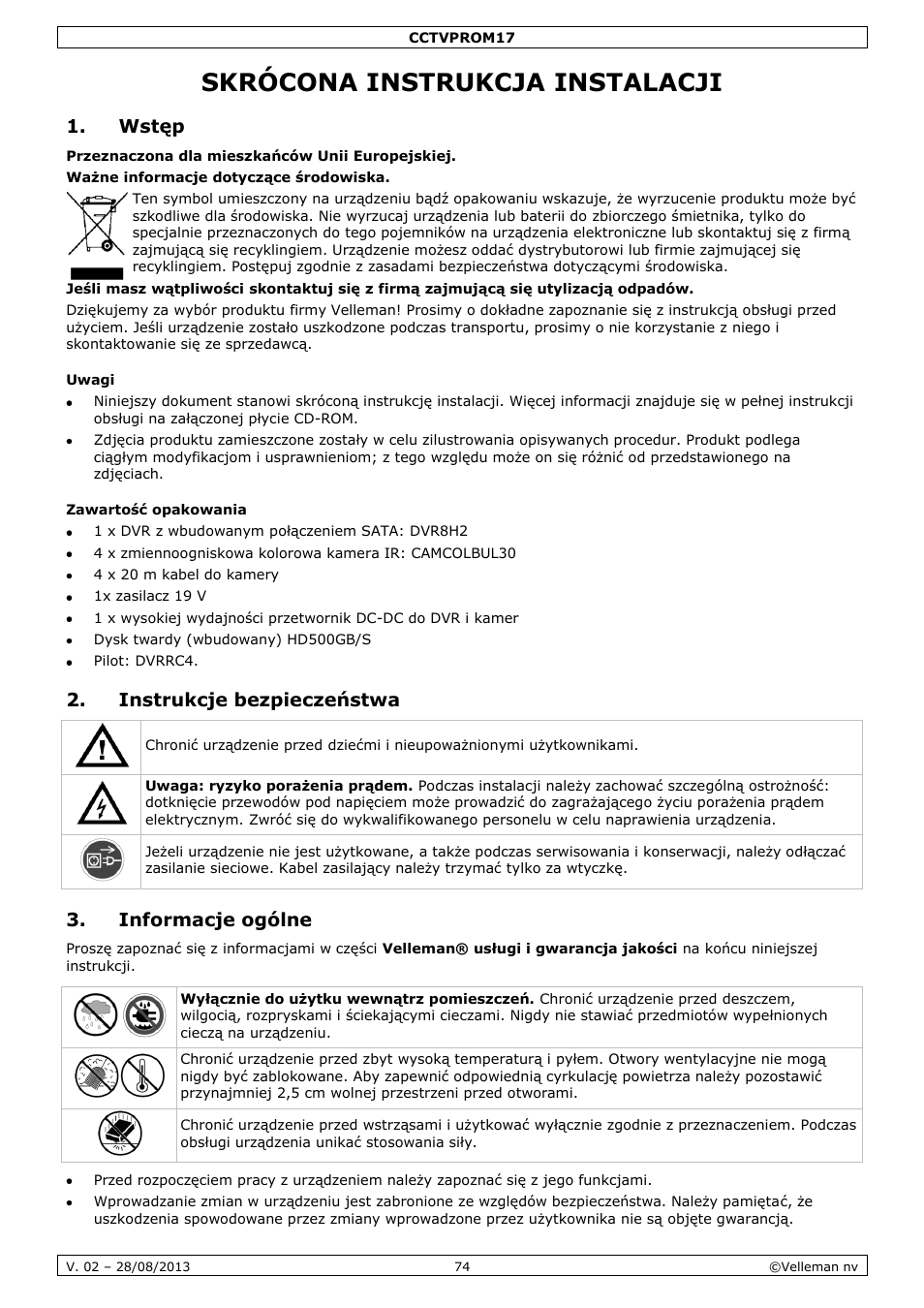 Skrócona instrukcja instalacji, Wstęp, Uwagi | Zawartość opakowania, Instrukcje bezpieczeństwa, Informacje ogólne | Velleman CCTVPROM17 User Manual | Page 74 / 87
