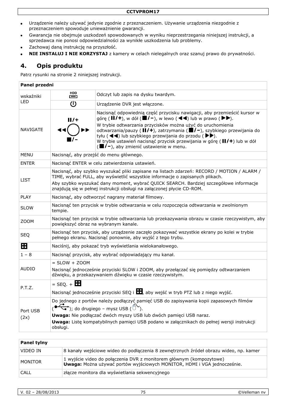 Opis produktu | Velleman CCTVPROM17 User Manual | Page 75 / 87