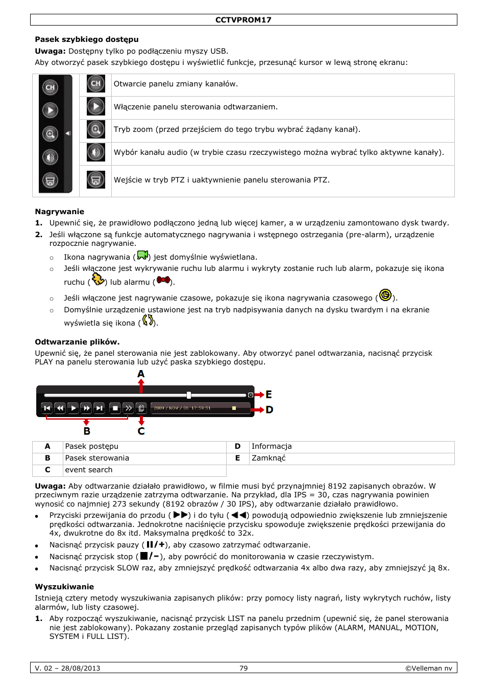 Pasek szybkiego dostępu, Nagrywanie, Odtwarzanie plików | Wyszukiwanie | Velleman CCTVPROM17 User Manual | Page 79 / 87