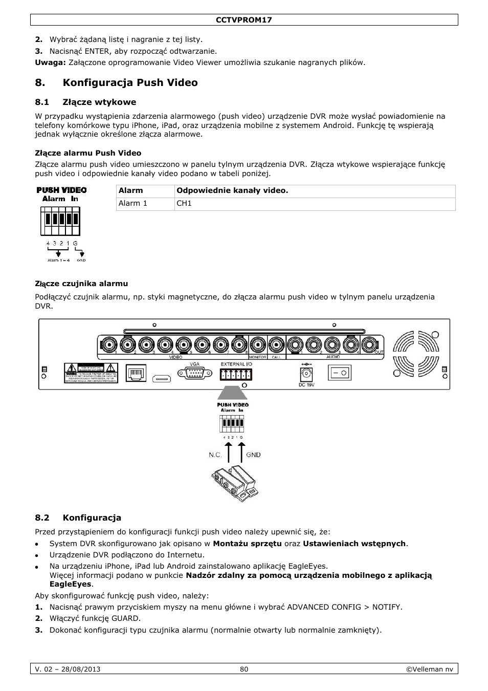 Konfiguracja push video, 1 złącze wtykowe, Złącze alarmu push video | Złącze czujnika alarmu, 2 konfiguracja | Velleman CCTVPROM17 User Manual | Page 80 / 87