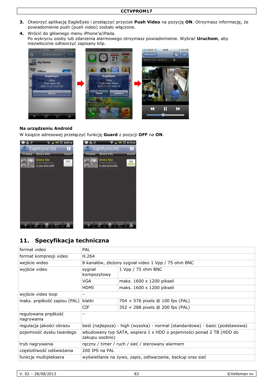 Na urządzeniu android, Specyfikacja techniczna | Velleman CCTVPROM17 User Manual | Page 83 / 87