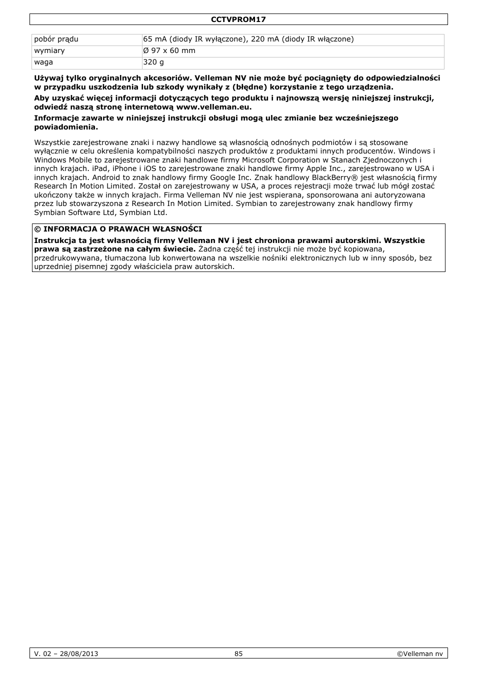 Velleman CCTVPROM17 User Manual | Page 85 / 87