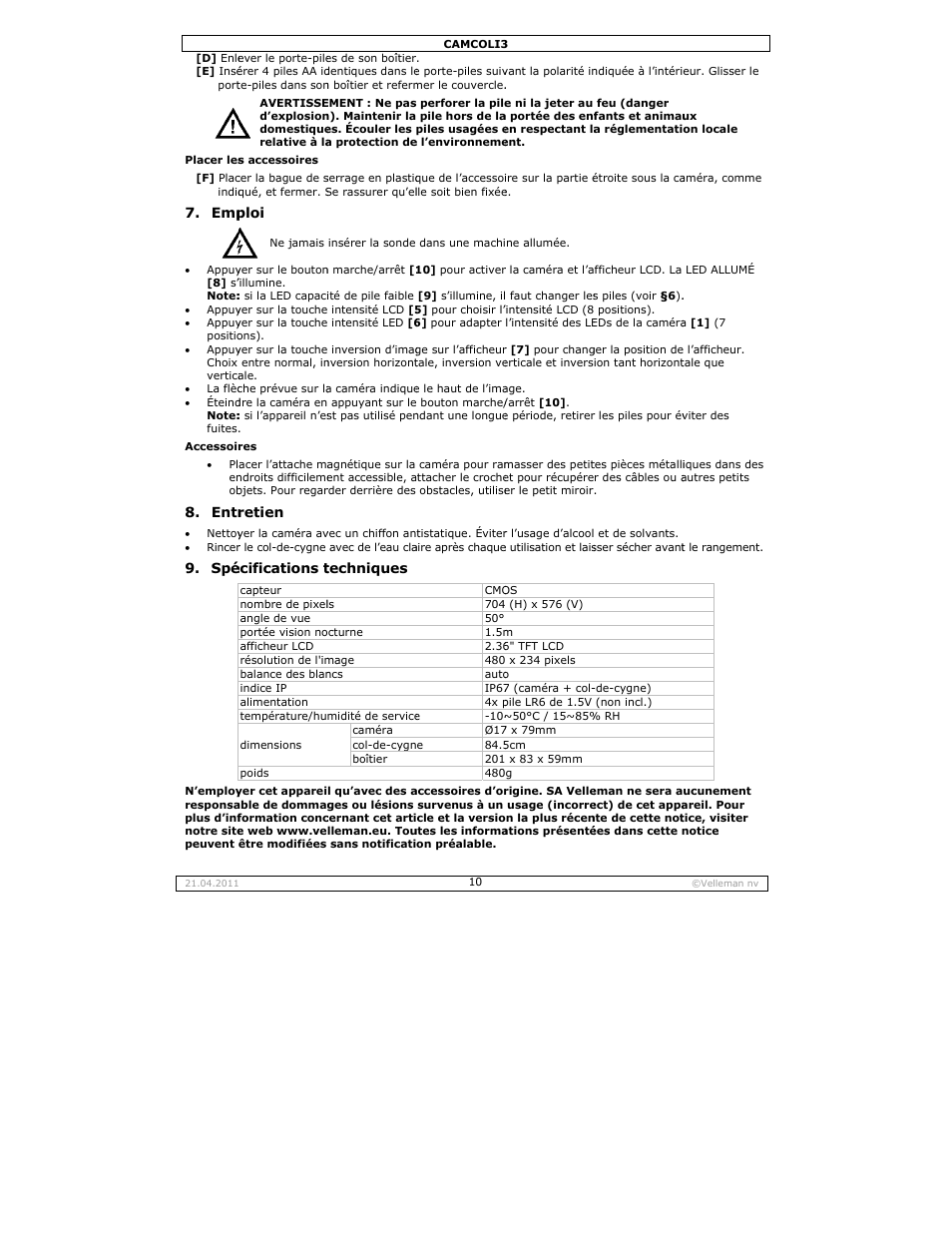 Entr, Ploi, Retien | Écifications t, Techniques | Velleman CAMCOLI3 User Manual | Page 10 / 17