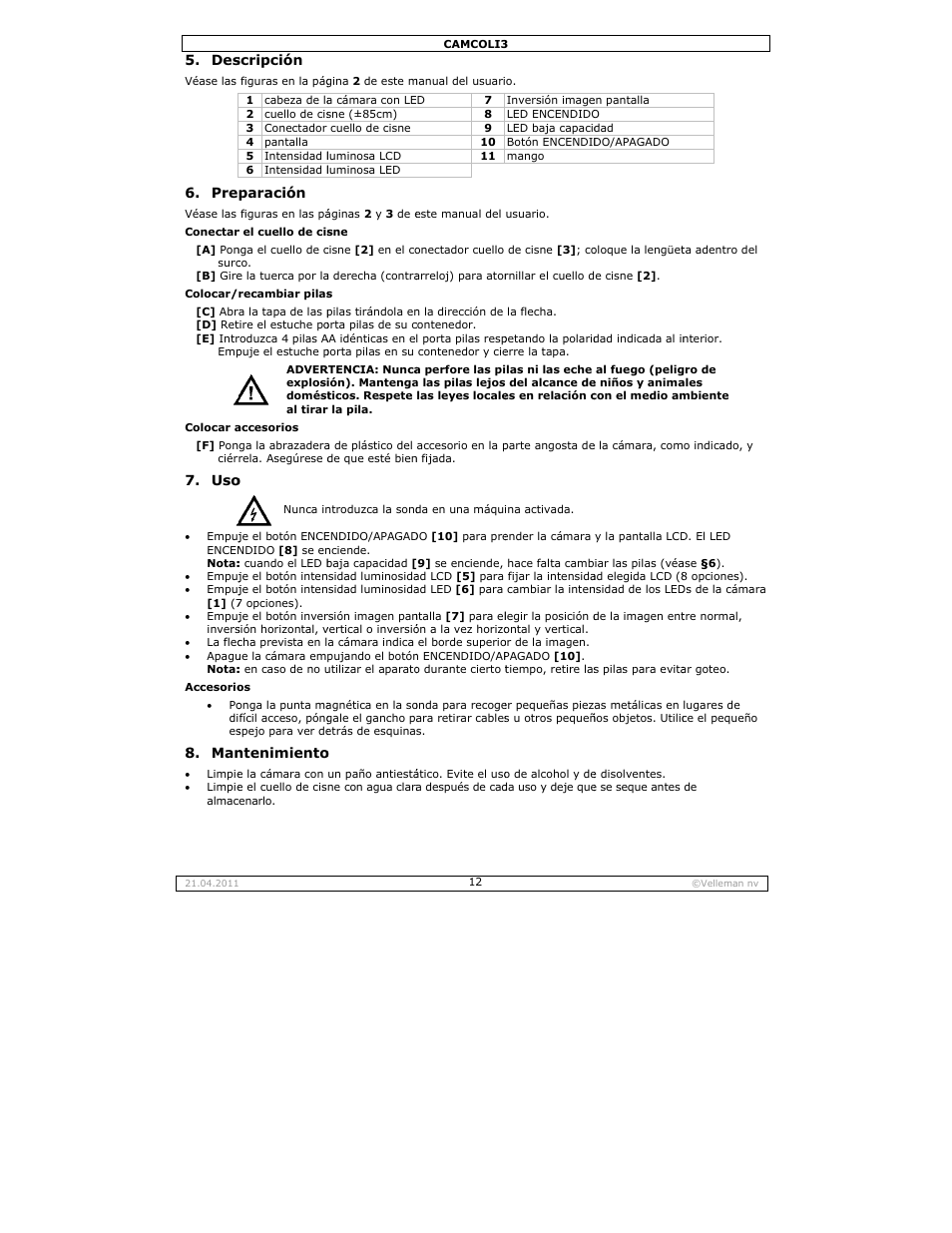 Scripción, Paración, Ntenimiento | Velleman CAMCOLI3 User Manual | Page 12 / 17