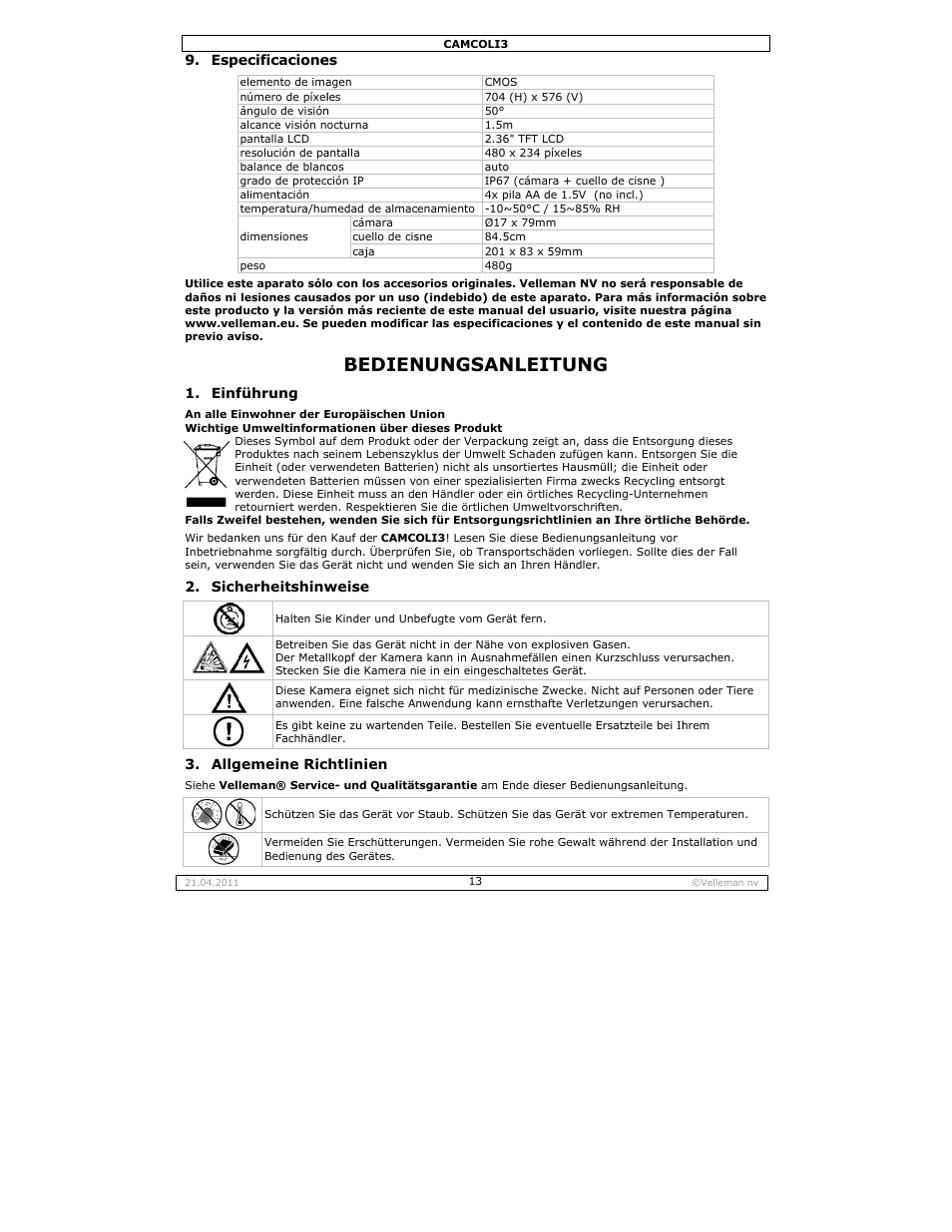 Bedienungsanleitung, Bedien, Nungsan | Nleitung, Einf, Sich 3. allg, Ecificacione, Führung, Herheitshinw, Gemeine ric | Velleman CAMCOLI3 User Manual | Page 13 / 17