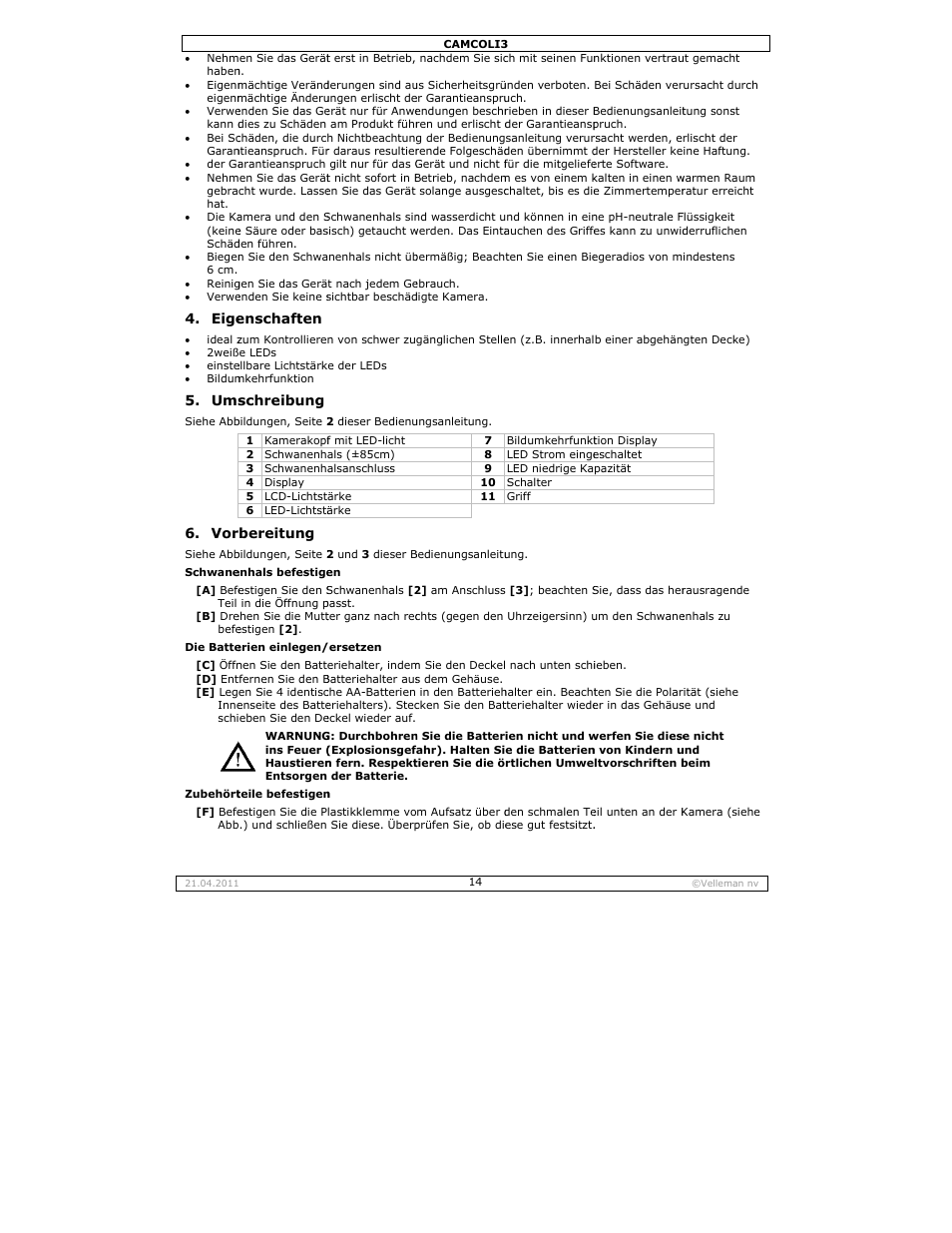 Eige, Enschaften, Schreibung | Bereitung | Velleman CAMCOLI3 User Manual | Page 14 / 17
