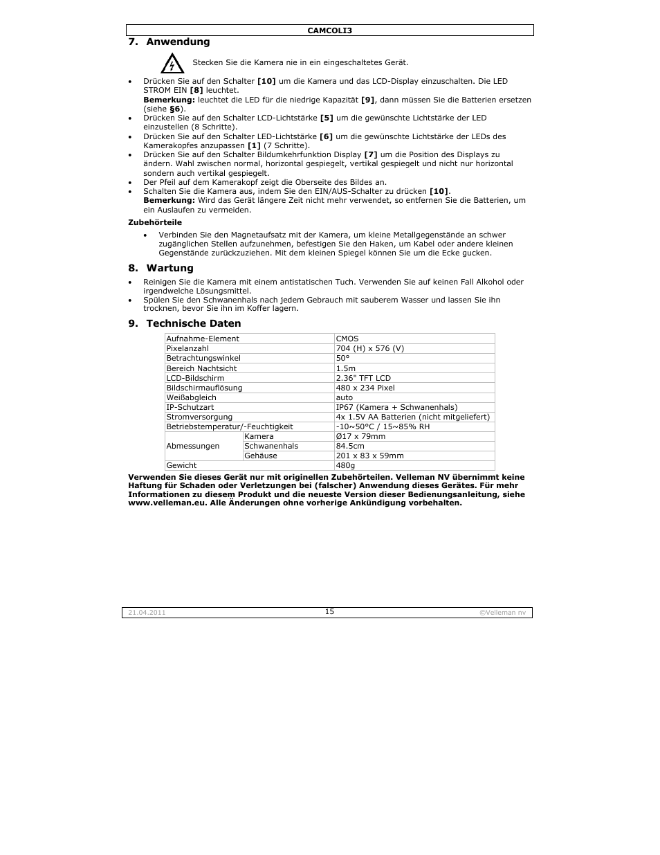 Wendung, Rtung, Hnische dat | Velleman CAMCOLI3 User Manual | Page 15 / 17