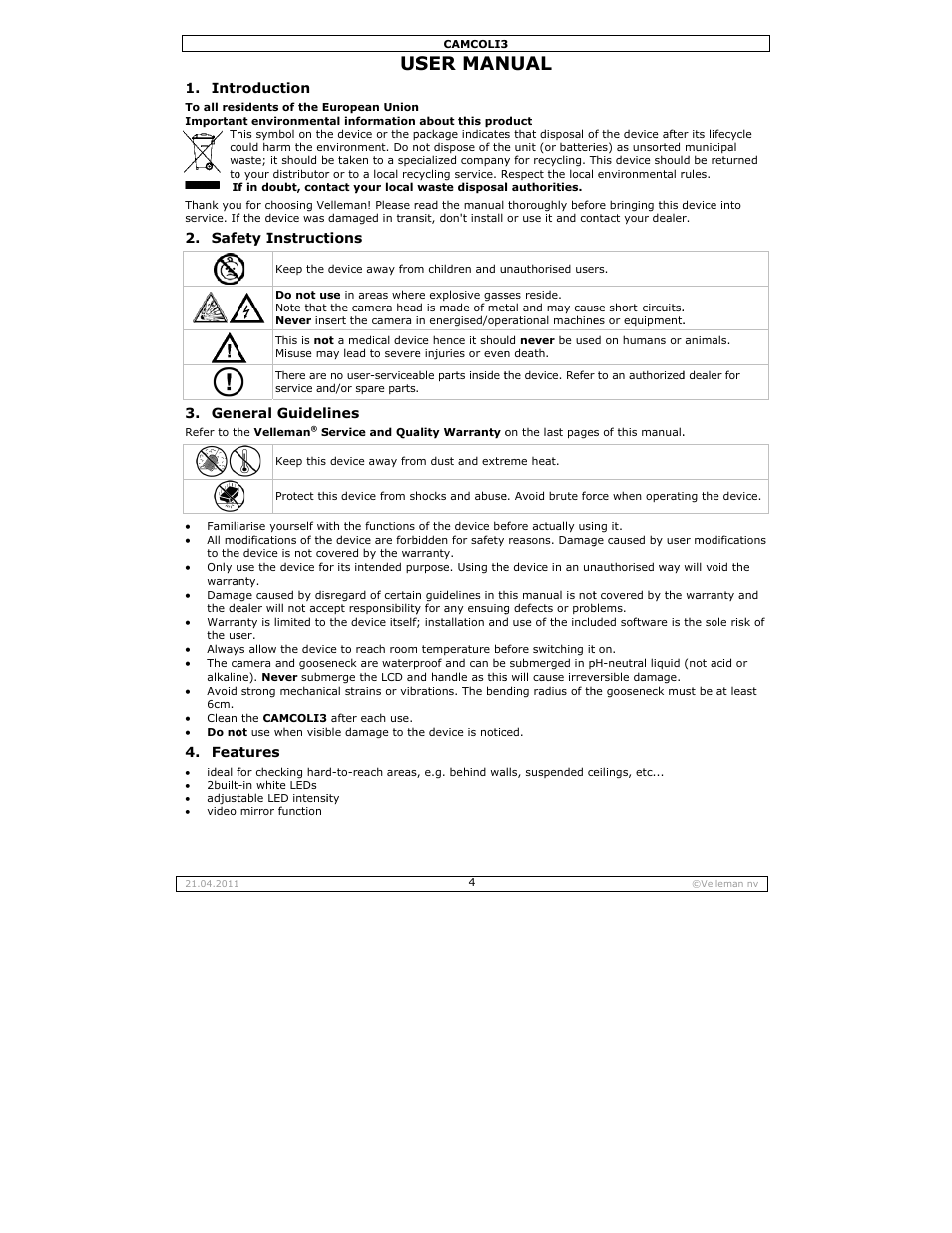 User manual, Ser man, Nual | Intr, Safe 3. gen, Roduction, Ety instruct, Neral guidel, Tures, Tions | Velleman CAMCOLI3 User Manual | Page 4 / 17