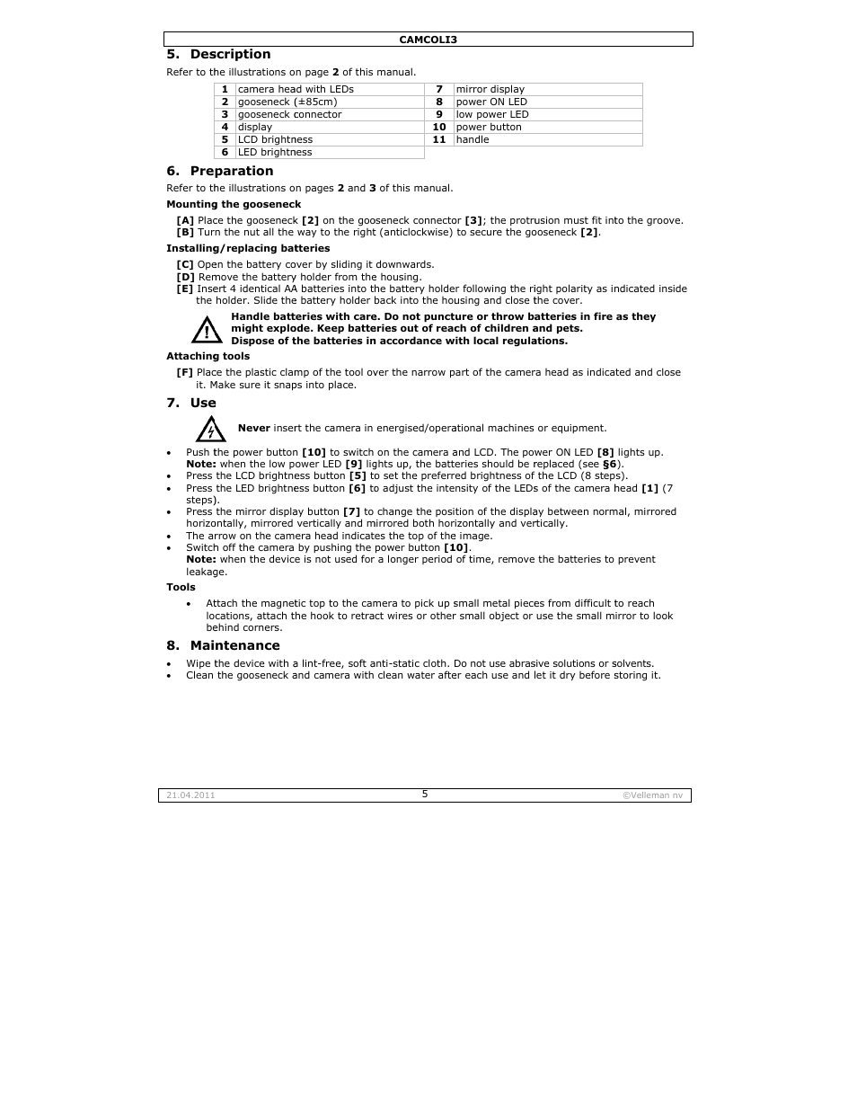 Scription, Paration, Ntenance | Velleman CAMCOLI3 User Manual | Page 5 / 17