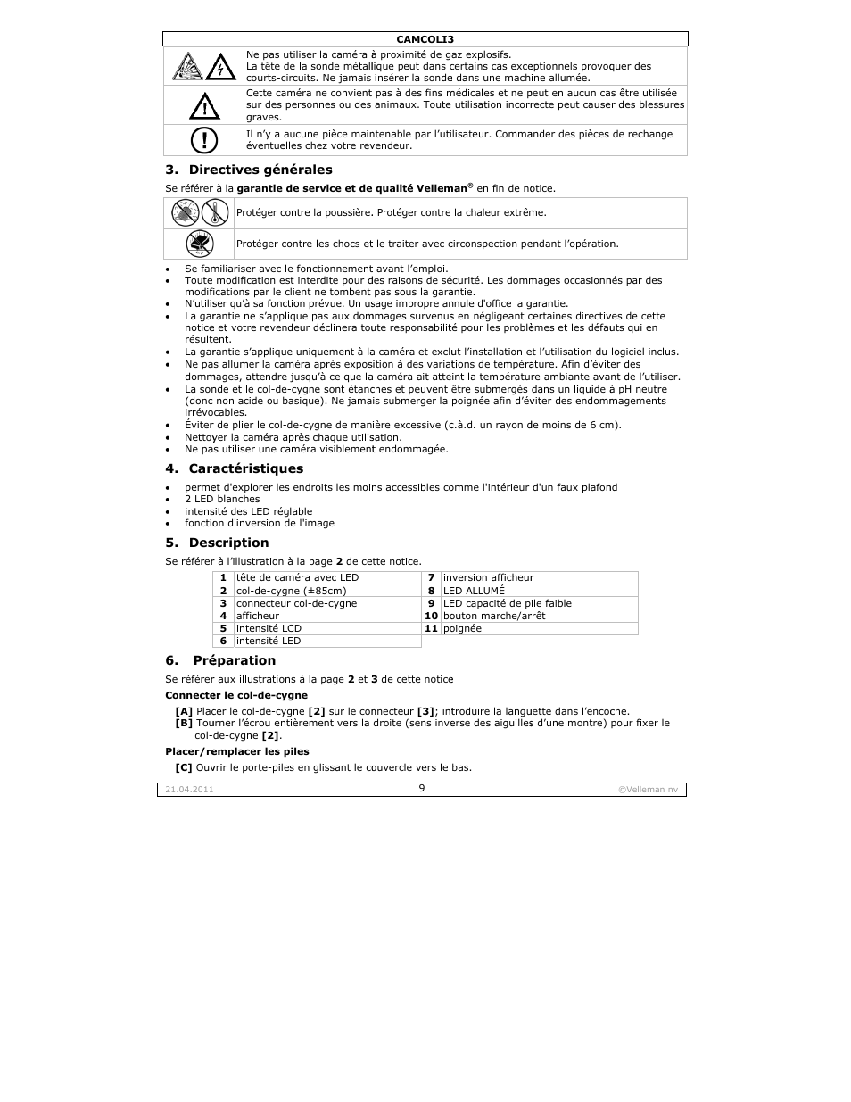 Dire, Cara, Ectives géné | Actéristique, Scription, Éparation, Érales | Velleman CAMCOLI3 User Manual | Page 9 / 17