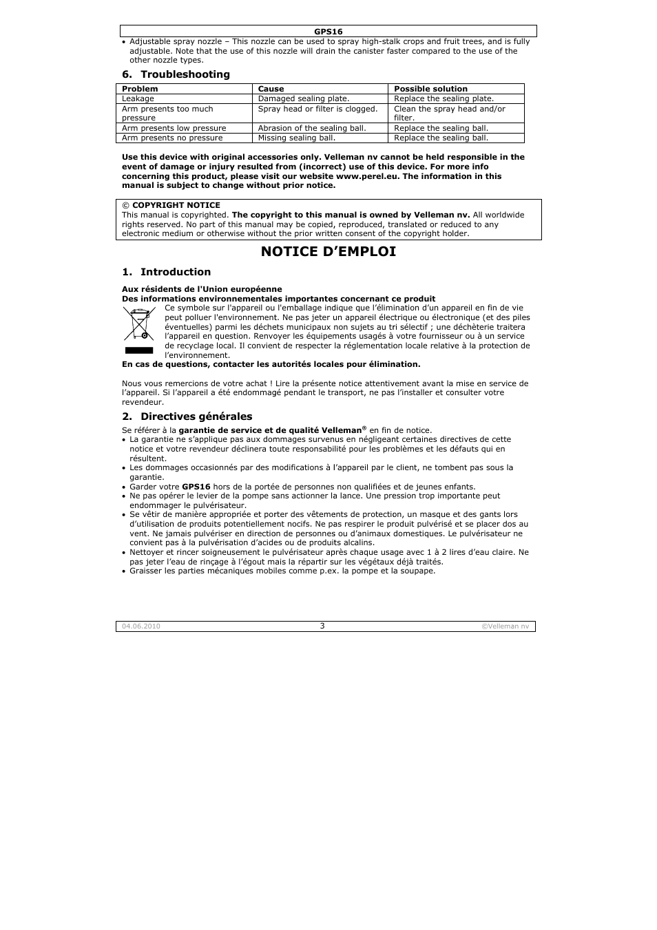 Otice d, Emploi | Velleman GPS16 User Manual | Page 3 / 12