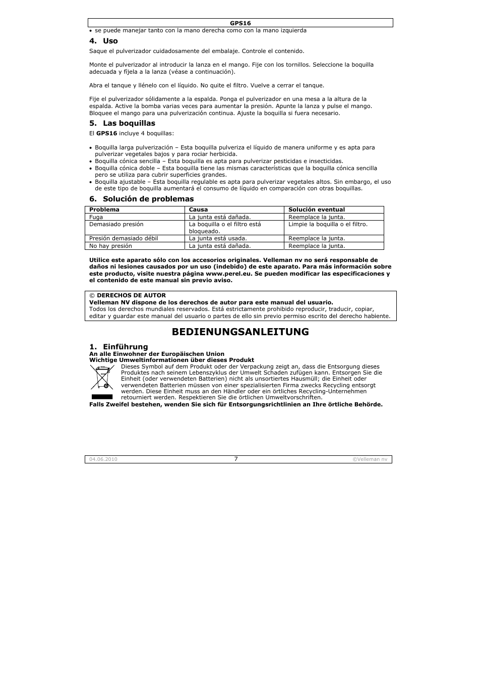Bedie, Enungs, Anleitu | Velleman GPS16 User Manual | Page 7 / 12