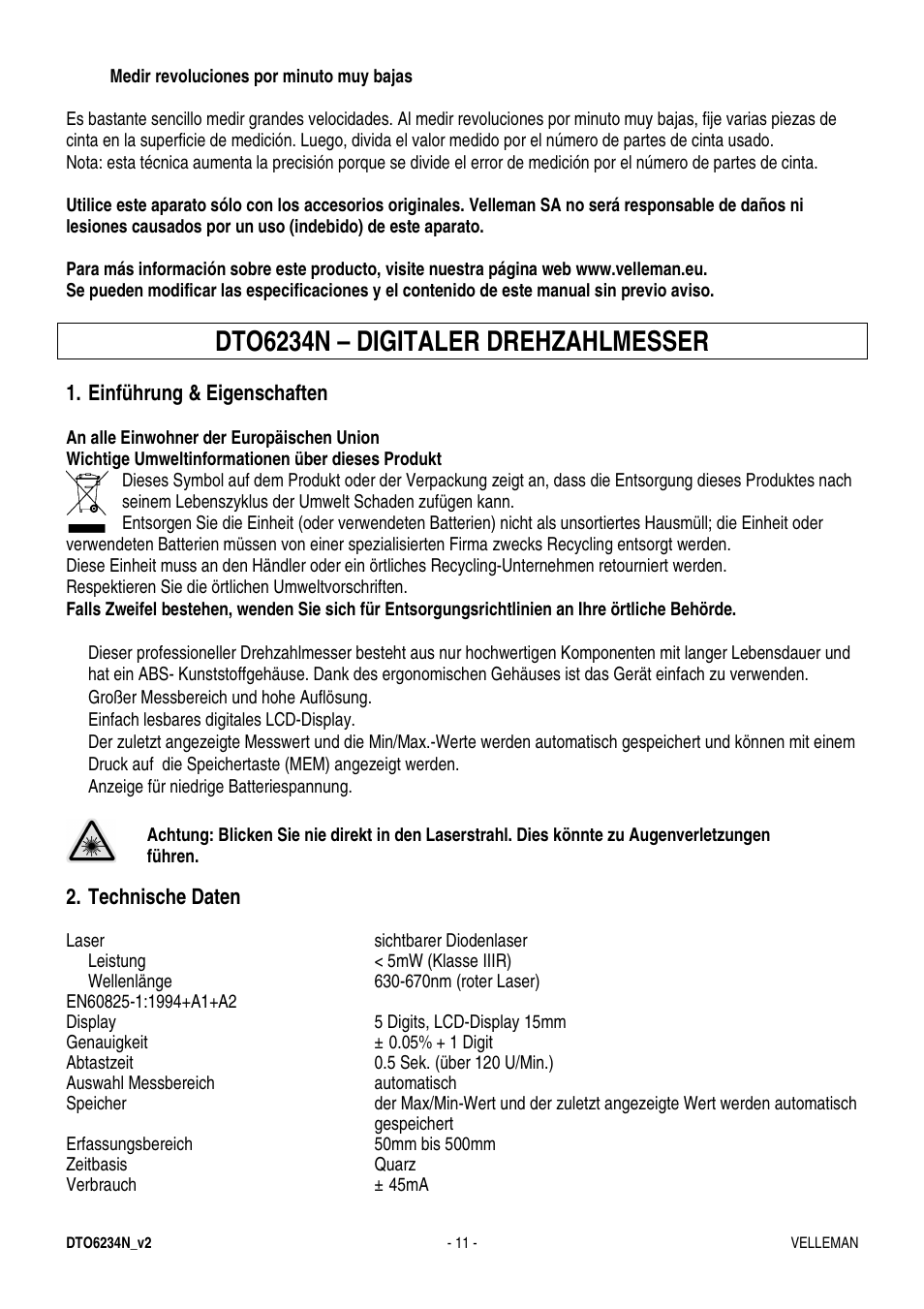 Dto6234n – digitaler drehzahlmesser | Velleman DTO6234N User Manual | Page 11 / 16