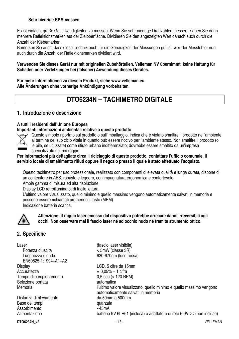 Dto6234n – tachimetro digitale | Velleman DTO6234N User Manual | Page 13 / 16