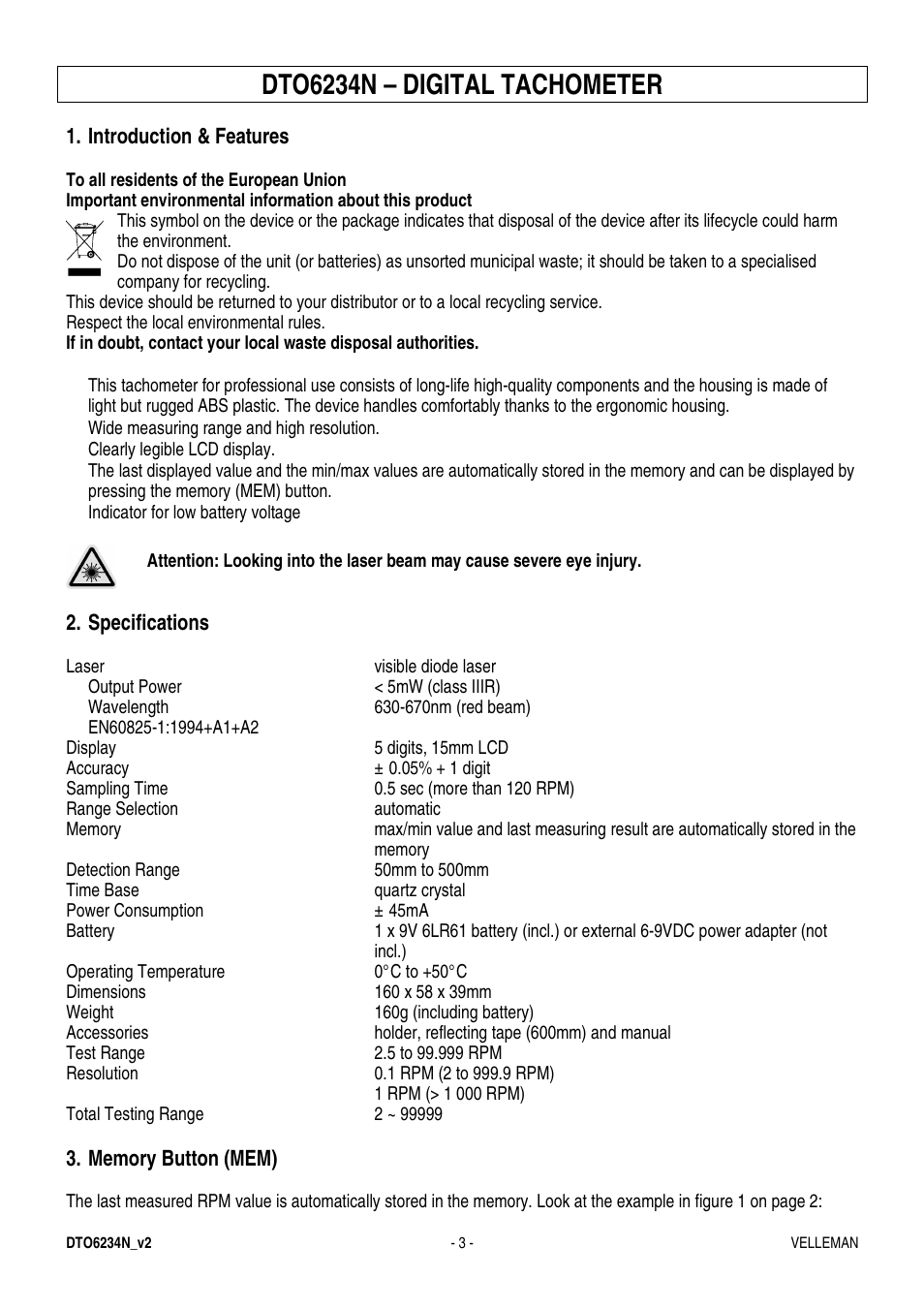 Dto6234n – digital tachometer | Velleman DTO6234N User Manual | Page 3 / 16