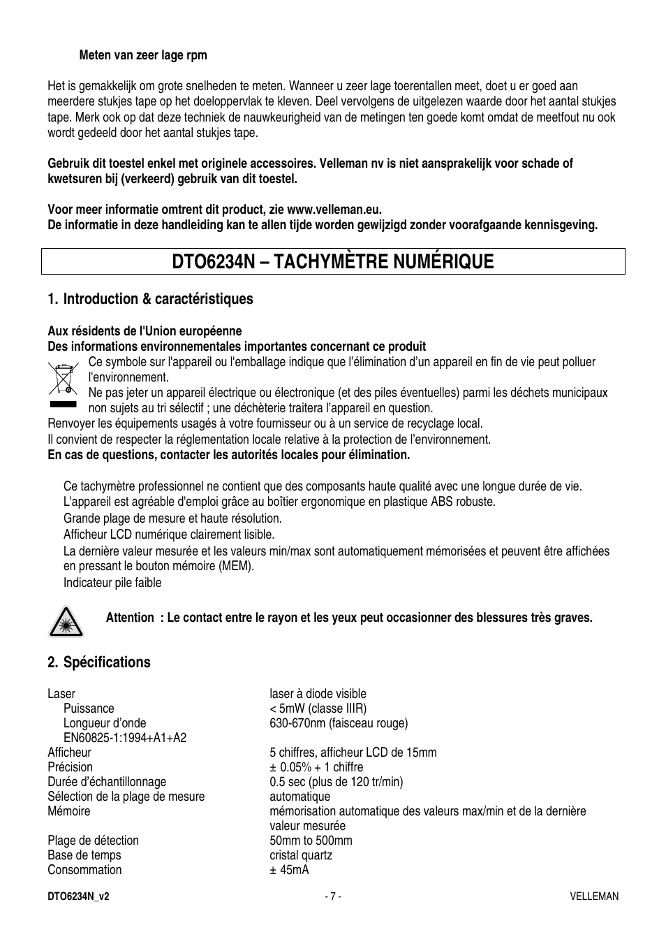 Dto6234n – tachymètre numérique | Velleman DTO6234N User Manual | Page 7 / 16
