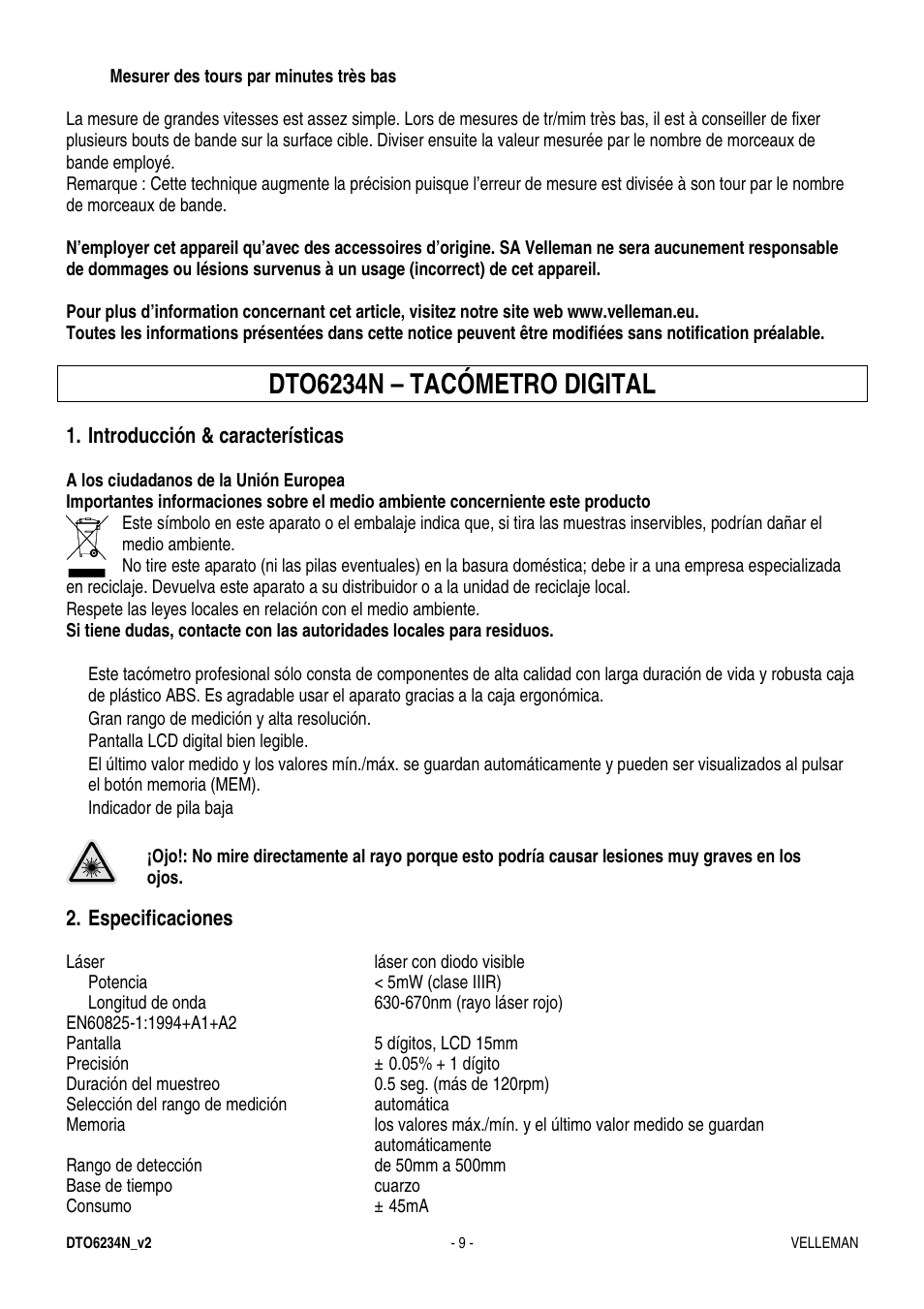 Dto6234n – tacómetro digital | Velleman DTO6234N User Manual | Page 9 / 16