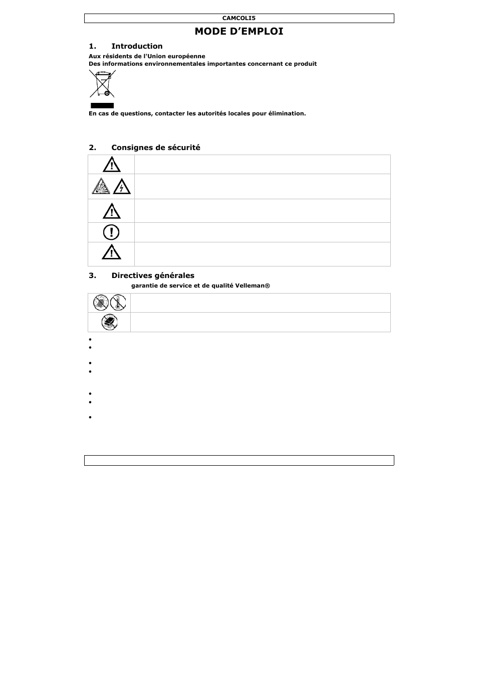 Mode d'emploi, Mode d’e, Emploi | Velleman CAMCOLI5 User Manual | Page 16 / 37