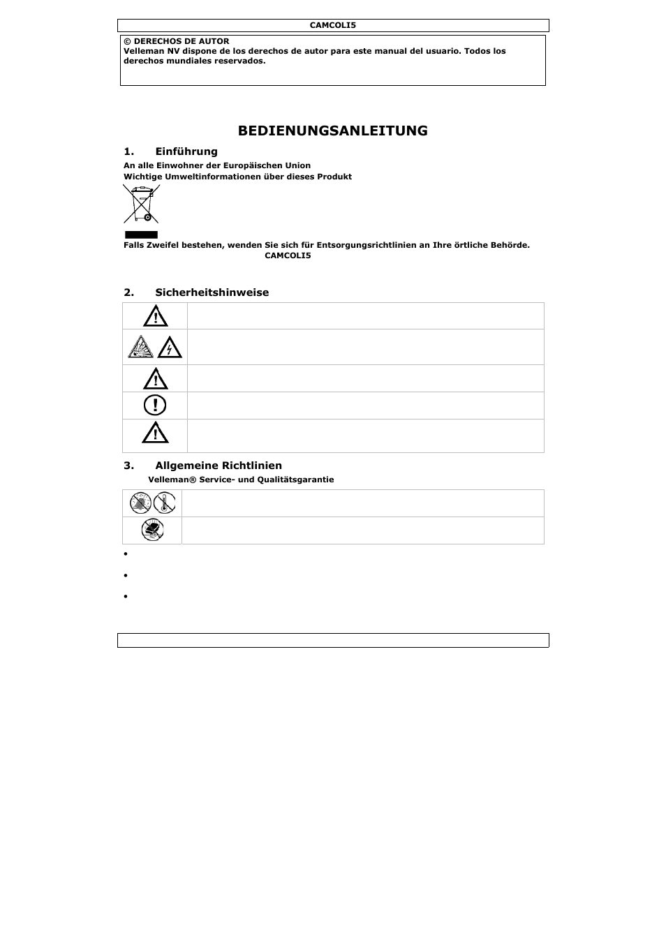 Bedienungsanleitung, Bedie, Enungs | Anleitu | Velleman CAMCOLI5 User Manual | Page 29 / 37