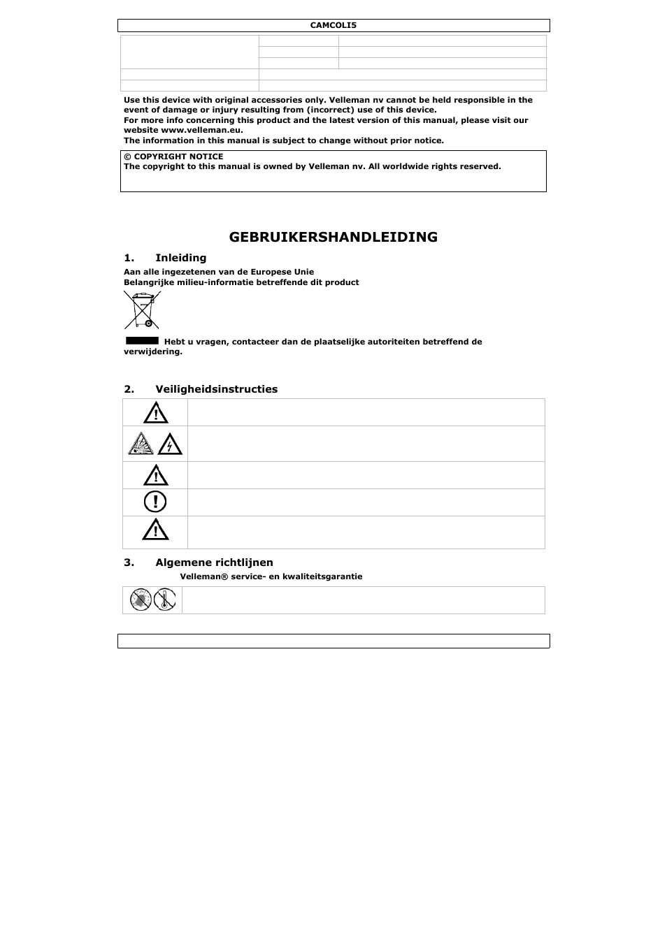 Gebruikershandleiding, Gebru, Uikersha | Andleid, Ding | Velleman CAMCOLI5 User Manual | Page 9 / 37
