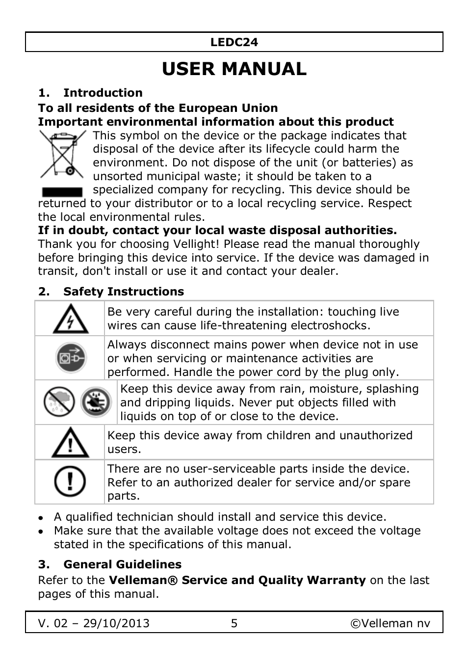 User manual, Introduction, Safety instructions | General guidelines | Velleman LEDC24 User Manual | Page 5 / 48