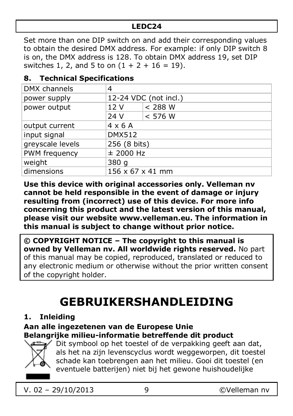 Technical specifications, Gebruikershandleiding, Inleiding | Velleman LEDC24 User Manual | Page 9 / 48