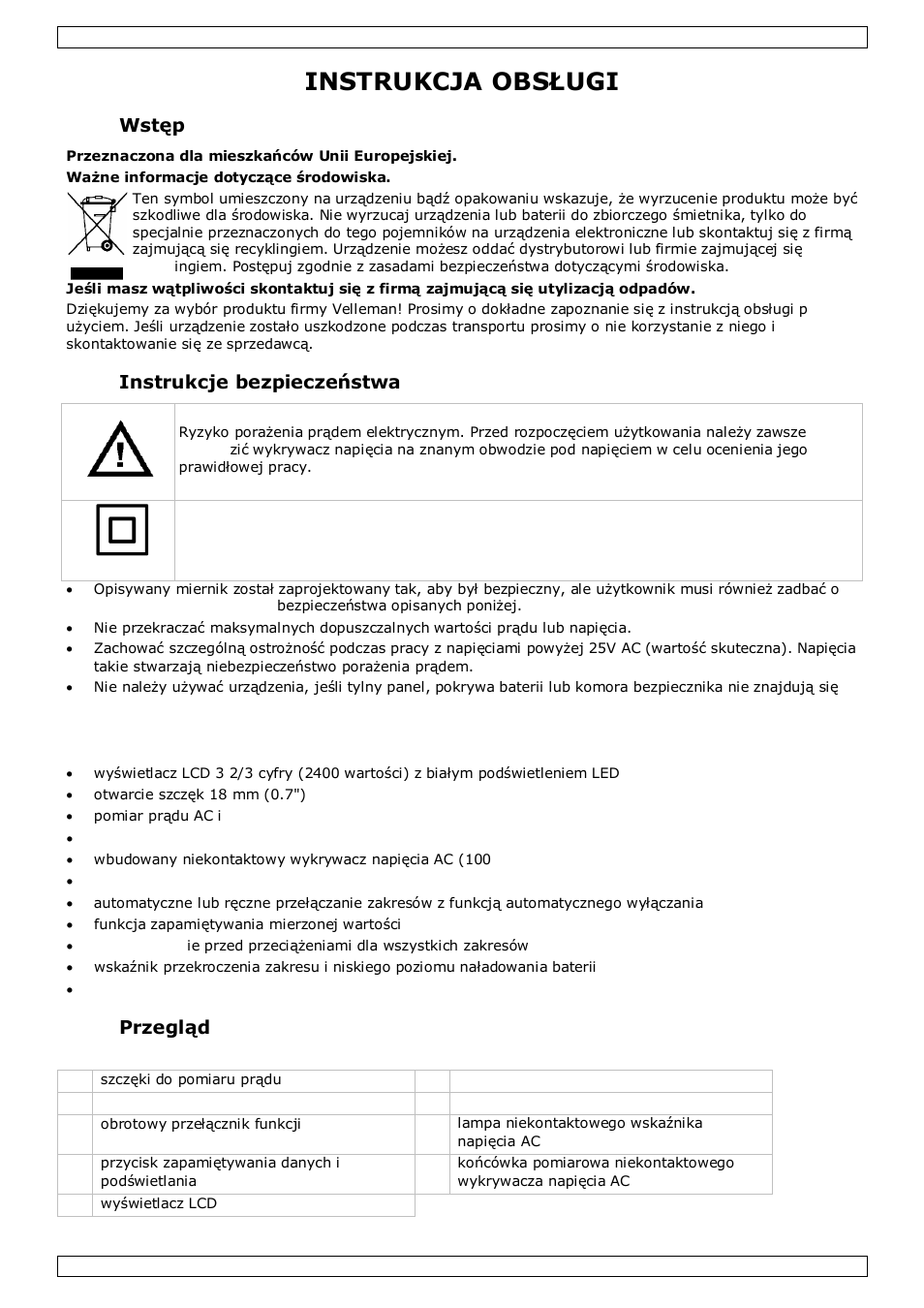 Instrukcja obsługi, Wstęp, Instrukcje bezpieczeństwa | Funkcje, Przegląd | Velleman DCM270 User Manual | Page 21 / 28