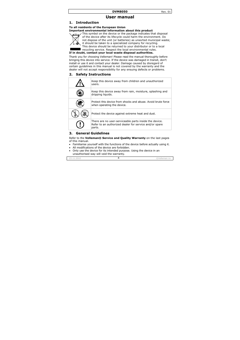 User man, Nual | Velleman DVM8050 User Manual | Page 4 / 28