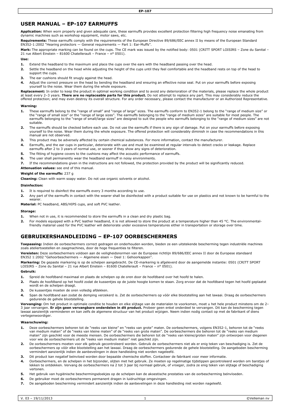 Velleman EP-107 User Manual | 6 pages