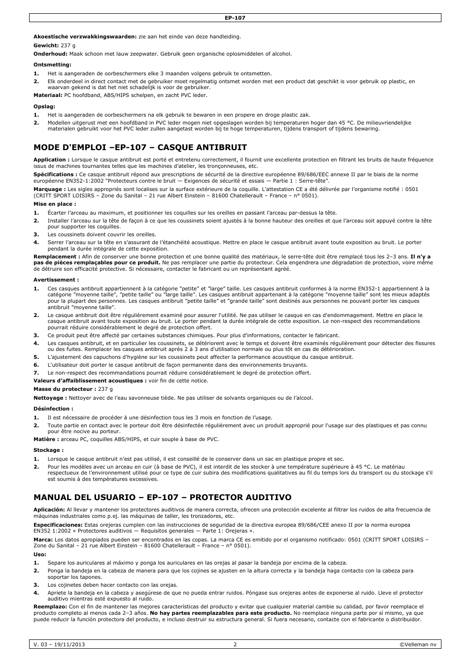 Mode d'emploi –ep-107 – casque antibruit, Manual del usuario – ep-107 – protector auditivo | Velleman EP-107 User Manual | Page 2 / 6