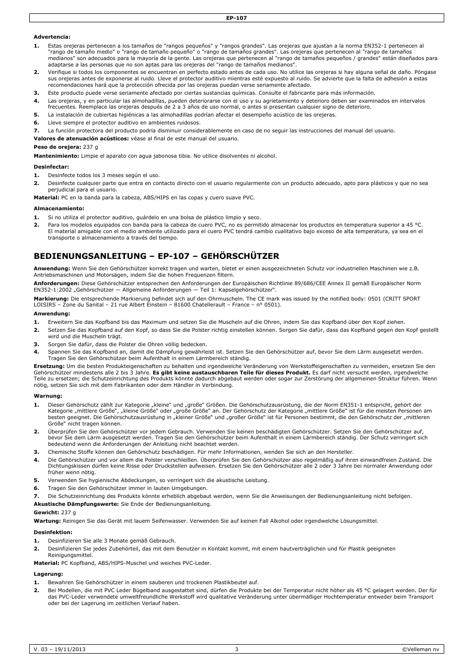 Bedienungsanleitung – ep-107 – gehörschützer | Velleman EP-107 User Manual | Page 3 / 6