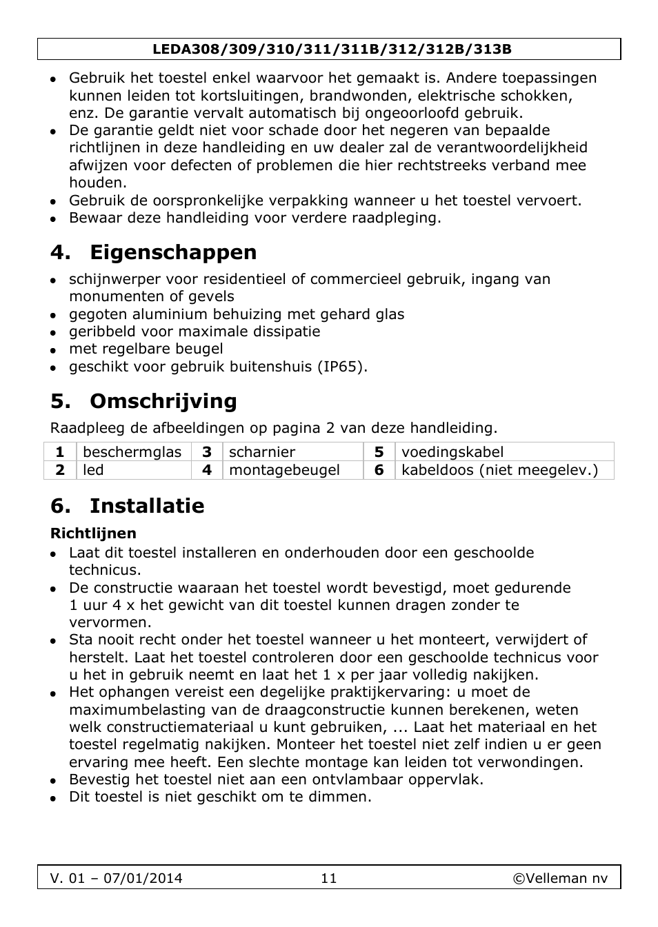 Eigenschappen, Omschrijving, Installatie | Richtlijnen | Velleman LEDA313 User Manual | Page 11 / 40