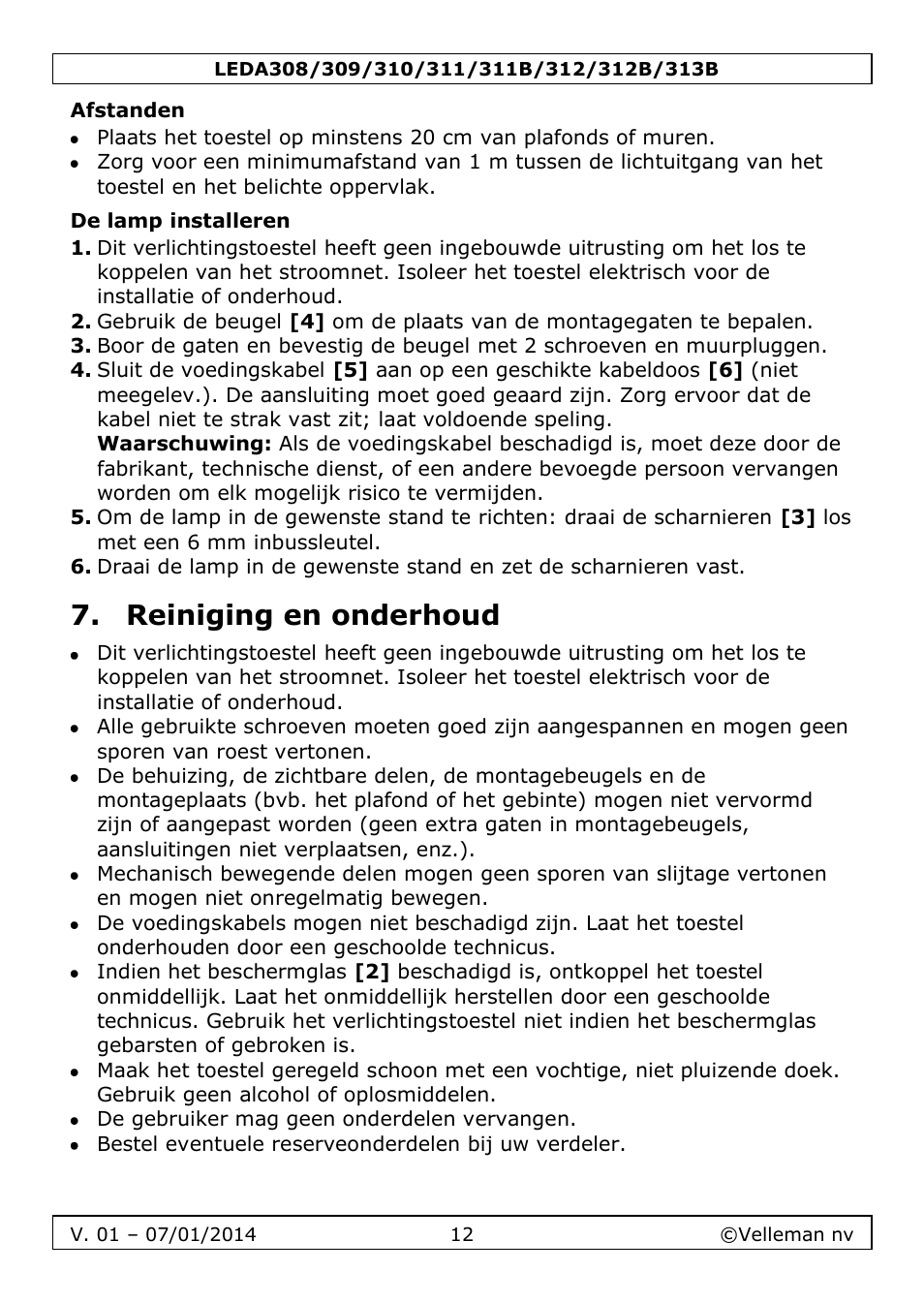 Afstanden, De lamp installeren, Reiniging en onderhoud | Velleman LEDA313 User Manual | Page 12 / 40