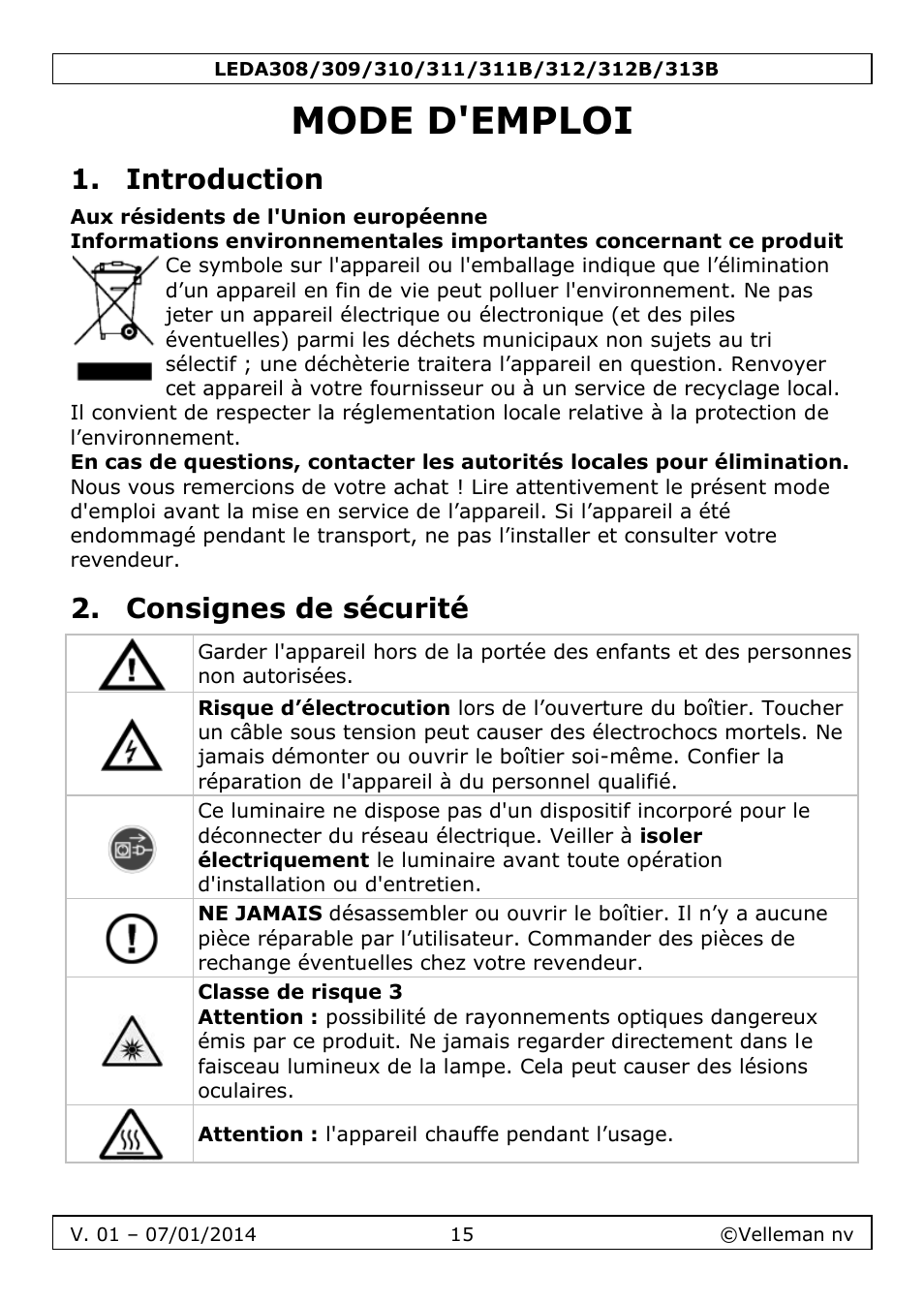 Mode d'emploi, Introduction, Consignes de sécurité | Velleman LEDA313 User Manual | Page 15 / 40