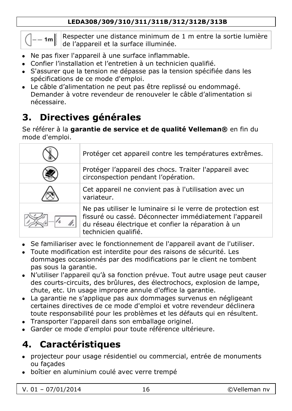 Directives générales, Caractéristiques | Velleman LEDA313 User Manual | Page 16 / 40