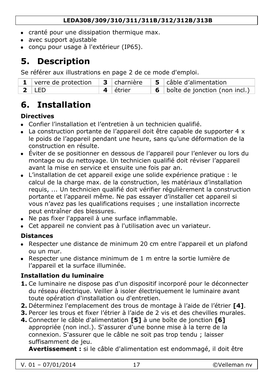 Description, Installation, Directives | Distances, Installation du luminaire | Velleman LEDA313 User Manual | Page 17 / 40