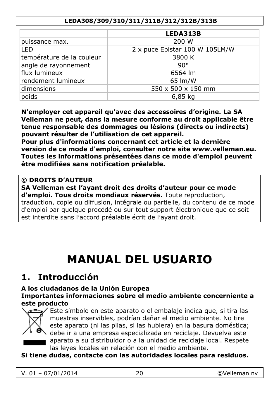 Manual del usuario, Introducción | Velleman LEDA313 User Manual | Page 20 / 40