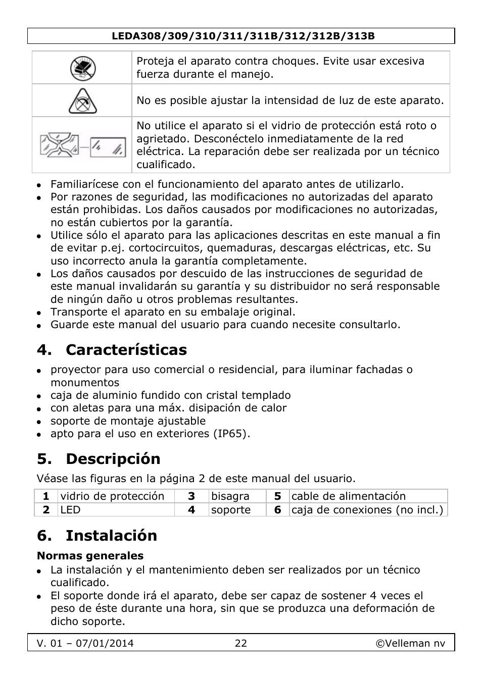 Características, Descripción, Instalación | Normas generales | Velleman LEDA313 User Manual | Page 22 / 40