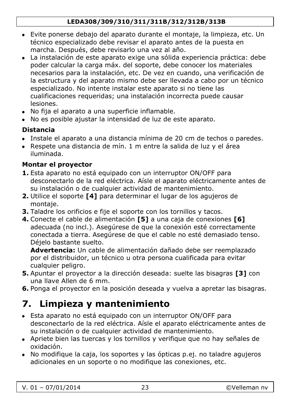 Distancia, Montar el proyector, Limpieza y mantenimiento | Velleman LEDA313 User Manual | Page 23 / 40
