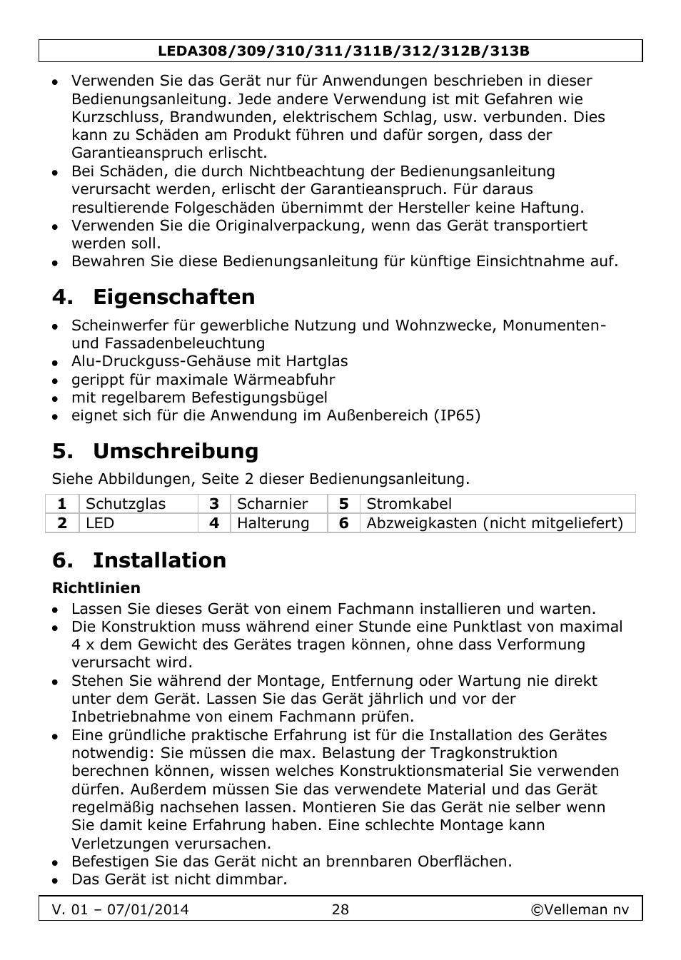 Eigenschaften, Umschreibung, Installation | Richtlinien | Velleman LEDA313 User Manual | Page 28 / 40