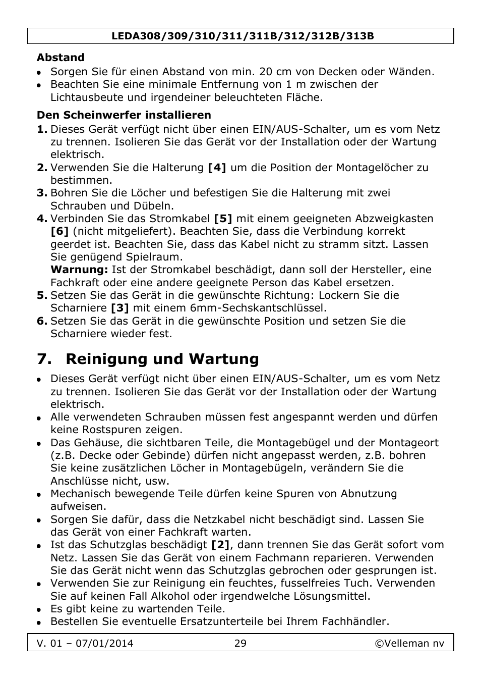 Abstand, Den scheinwerfer installieren, Reinigung und wartung | Velleman LEDA313 User Manual | Page 29 / 40