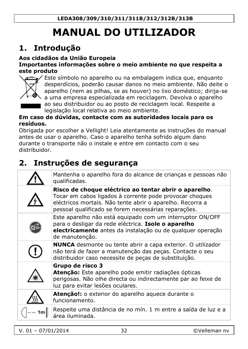 Manual do utilizador, Introdução, Instruções de segurança | Velleman LEDA313 User Manual | Page 32 / 40