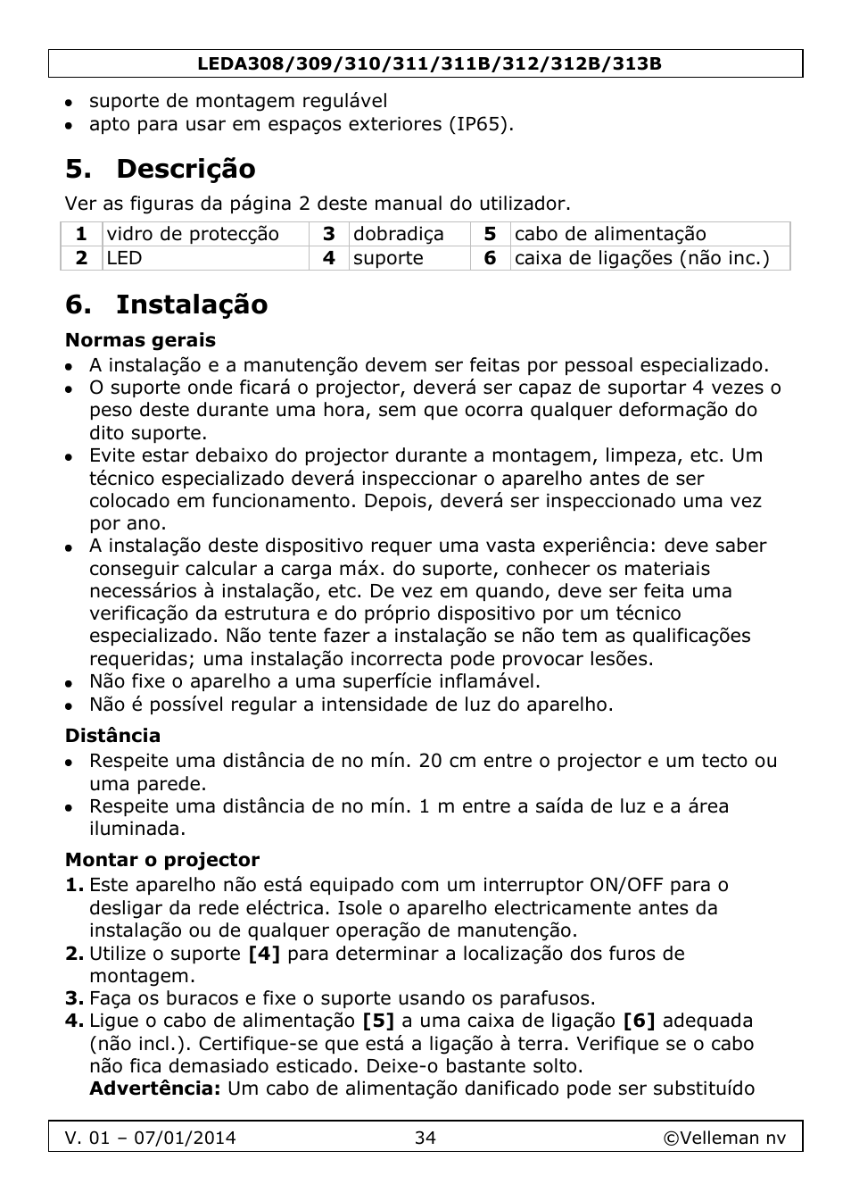 Descrição, Instalação, Normas gerais | Distância, Montar o projector | Velleman LEDA313 User Manual | Page 34 / 40
